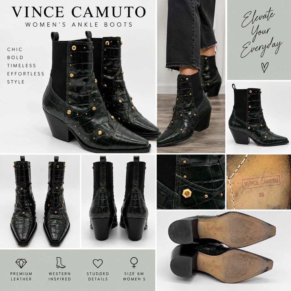 Vince Camuto Norley Ankle Boots Womens 8M Green Excellent Croc Embossed Studded